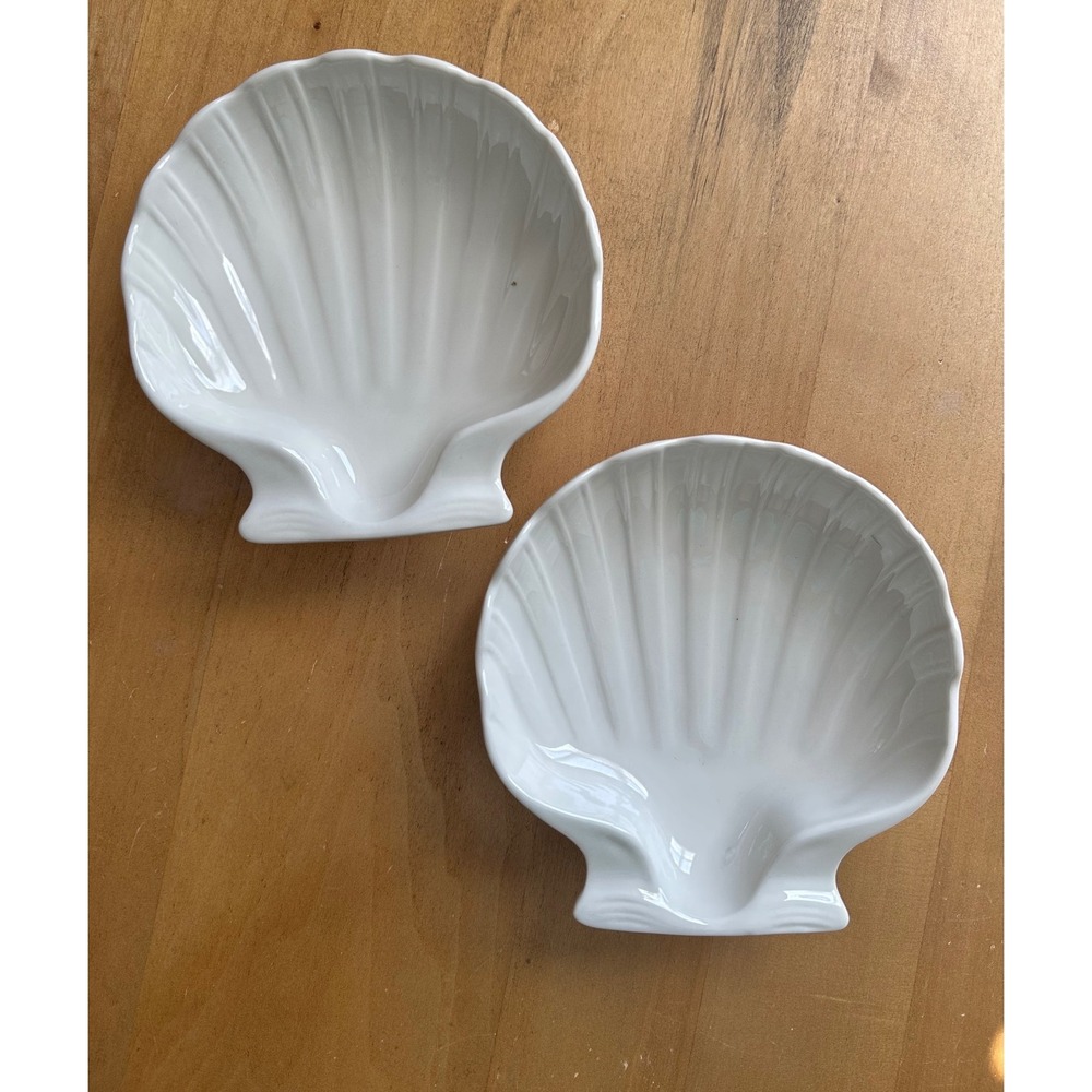 Hall China White Ceramic Scallop Shell Trinket Dish Set of 2 Vintage 254 USA‎